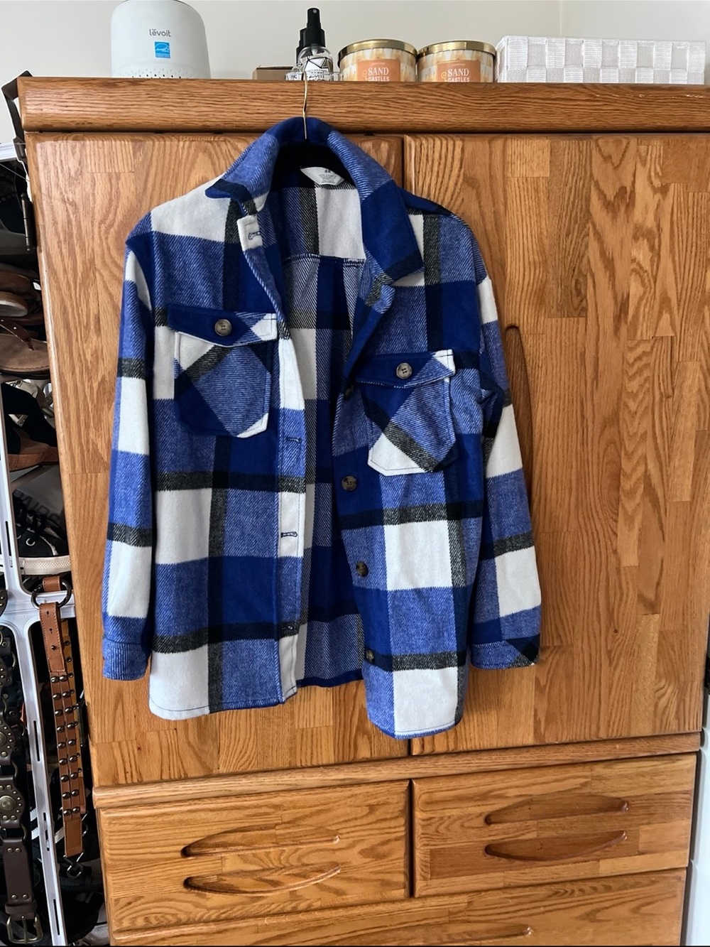 Blue/White Plaid Button Down Shirt Jacket Schacket 11-12 youth size